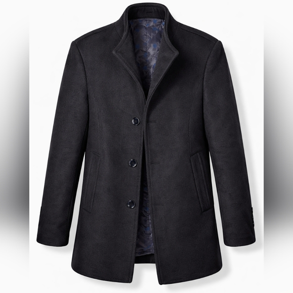 Men’s Jet Black Wool Blend Car Coat Tailored Classic Minimalist Jacket Size Med - Picture 2 of 16